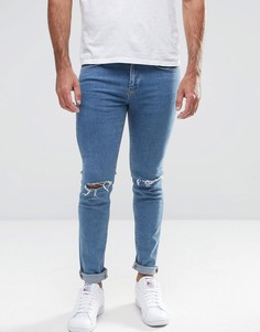 Голубые облегающие джинсы с рваными коленками New Look - Синий