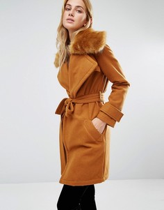 Пальто с искусственным мехом на широком воротнике Fashion Union - Коричневый