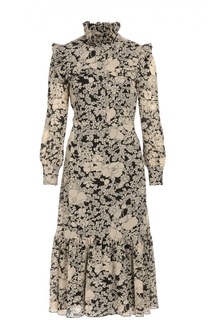Приталенное платье-миди с высоким воротником и цветочным принтом Saint Laurent