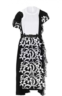 Приталенное кружевное платье-миди с ремнем Sacai