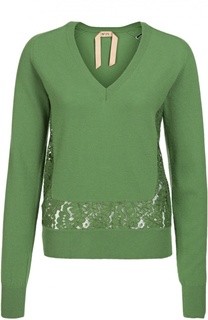 Пуловер прямого кроя с кружевной вставкой и V-образным вырезом No. 21