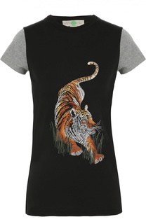 Удлиненная футболка с контрастными рукавами и вышивкой в виде тигра Stella McCartney