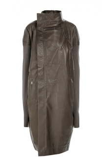 Кожаное пальто с высоким горлом и вязаными рукавами Rick Owens