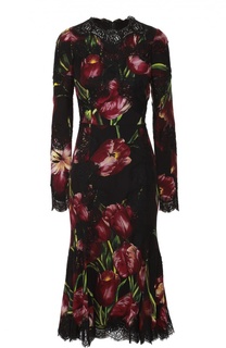 Приталенное платье с цветочным принтом и кружевной отделкой Dolce &amp; Gabbana
