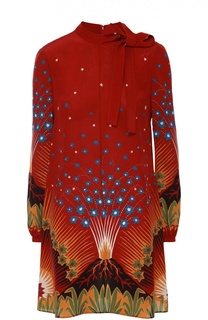 Шелковое мини-платье с воротником аскот и ярким принтом Valentino