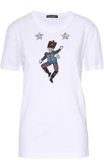 Хлопковая футболка прямого кроя с контрастной вышивкой Dolce &amp; Gabbana