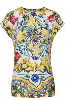 Шелковый топ со спущенным рукавом и ярким принтом Dolce &amp; Gabbana