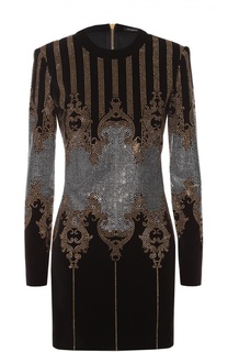 Облегающее платье с длинным рукавом и стразами Balmain