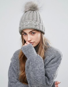 Шапка-бини с отделкой и помпоном из искусственного меха Miss Selfridge - Серый