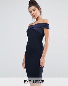 Платье-футляр с открытыми плечами и атласной отделкой Vesper - Темно-синий