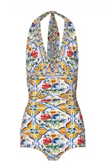 Слитный купальник с контрастным принтом и открытой спиной Dolce &amp; Gabbana