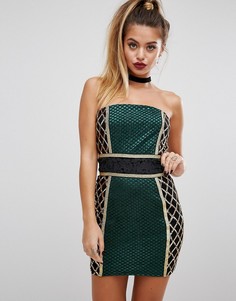 PrettyLittleThing Premium Strapless Blocked Embellished Mini Dress - Зеленый