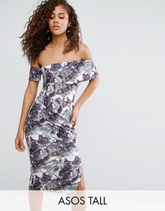 Платье миди на одно плечо с мраморным принтом ASOS TALL - Мульти