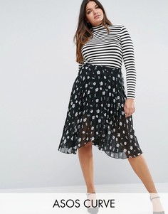 ASOS CURVE Pleated Midi Skirt with Wrap Front Detail in Floral Print - Мульти