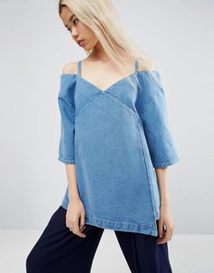 Джинсовый топ с открытыми плечами и запахом ASOS WHITE - Синий