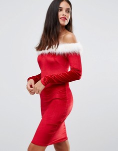 Новогоднее платье с широким вырезом и длинными рукавами Club L Sexy Santa - Красный