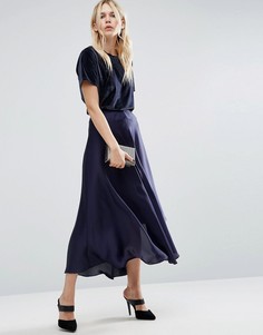 Атласная юбка миди с разрезами ASOS - Темно-синий
