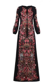 Приталенное платье в пол с ярким принтом и длинным рукавом Roberto Cavalli