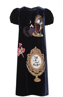 Бархатное платье прямого кроя с рукавом-фонарик и вышивкой Dolce &amp; Gabbana