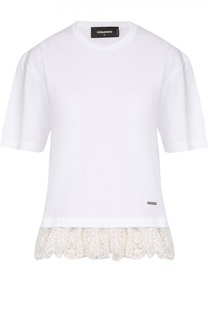 Хлопковая футболка прямого кроя с кружевной отделкой Dsquared2