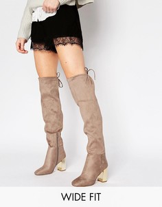 New Look Wide Fit Suedette Tie Back Over The Knee Boot With Metal Block Heel - Коричневый