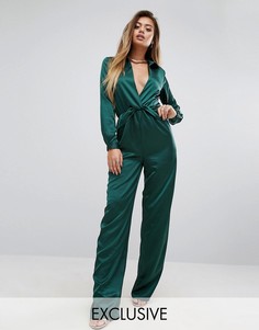 PrettyLittleThing Plunge Neck Satin Jumpsuit - Зеленый