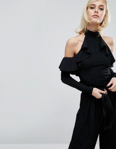 Боди с высокой горловиной, открытыми плечами и оборкой Fashion Union - Черный
