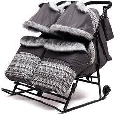 Санки-коляска для двойни Скандинавия 2УВ Твин, черная рама, ABC Academy, серый