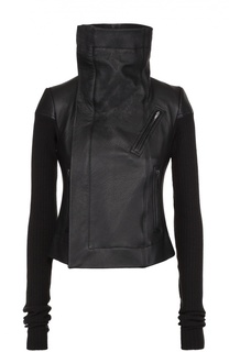 Кожаная куртка с вязаными рукавами и косой молнией Rick Owens