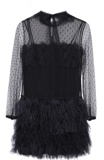 Мини-платье с перьевой отделкой и кружевным лифом REDVALENTINO