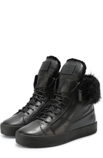 Высокие кожаные кеды с меховой отделкой Giuseppe Zanotti Design