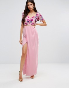 Платье макси с вышивкой на лифе и разрезом Virgos Lounge Bella - Розовый