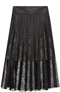 Плиссированная юбка с кожаными и кружевными вставками Alice + Olivia