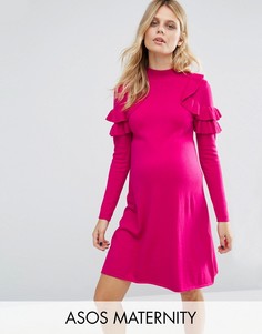 Платье-джемпер для беременных с рюшами на плечах ASOS Maternity - Розовый
