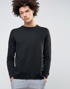 Свитшот с круглым вырезом и отделкой в рубчик на рукавах Selected Homme - Черный