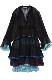 Многоярусное шелковое платье с контрастными оборками Chloé