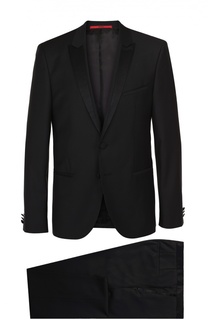 Шерстяной приталенный смокинг с шелковой отделкой HUGO