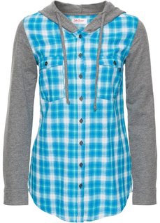 Клетчатая блуза с трикотажными рукавами и капюшоном (темно-синий/светло-серый в кле) Bonprix