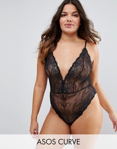 Кружевное боди с высоким вырезом по бедру ASOS CURVE Bailey - Черный