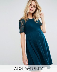 Платье мини для беременных с плиссировкой и кружевом ASOS Maternity - Синий