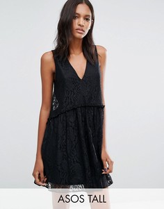 Кружевное платье с присборенной юбкой ASOS TALL - Черный