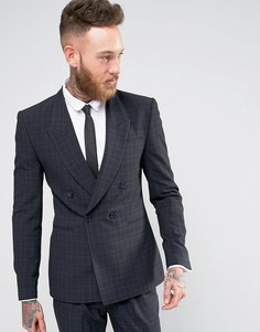 Темно-синий двубортный пиджак скинни в клетку ASOS - Синий