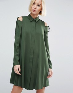 Платье-рубашка с открытыми плечами и завязкой ASOS - Зеленый