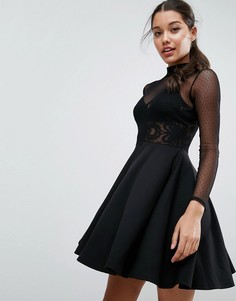 Короткое приталенное платье с топом из сетки в горошек и кружева ASOS - Черный