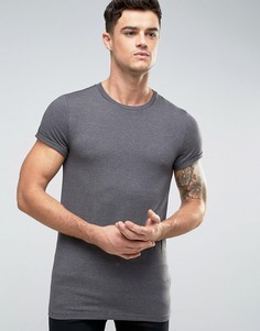 Темно-серая длинная обтягивающая футболка с закатанными рукавами ASOS - Серый