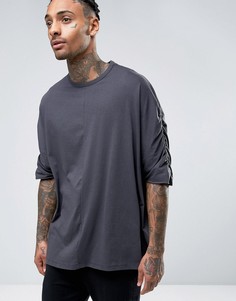 Выбеленная черная oversize-футболка со сборками на рукавах ASOS - Серый
