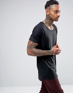 Супердлинная футболка в рубчик с закругленной кромкой сзади ASOS - Черный