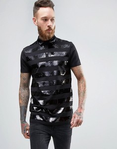 Черная длинная футболка-поло с полосками из пайеток ASOS - Черный