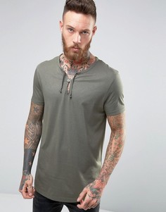 Зеленая удлиненная футболка с горловиной на шнурке ASOS - Зеленый