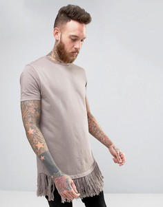 Серая супердлинная футболка с бахромой по нижней кромке ASOS - Серый